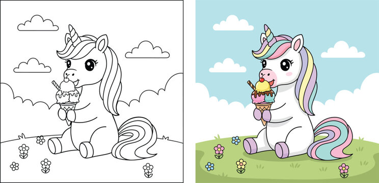 Cute unicorn eating ice cream coloring page and colored cartoon vector illustration