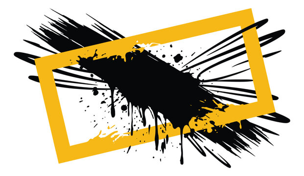 Grunge illustration of ink splatter explosion depicting black paint burst with yellow frame for urban and street art design