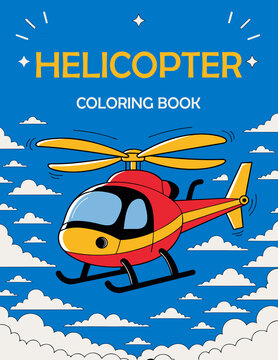 Helicopter coloring book cover featuring cartoon aircraft in sky.