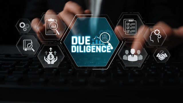 Hands on keyboard with technology icons highlighting due diligence process, analysis, finance, research, assessment, and risk management for business professionals Sigmoid