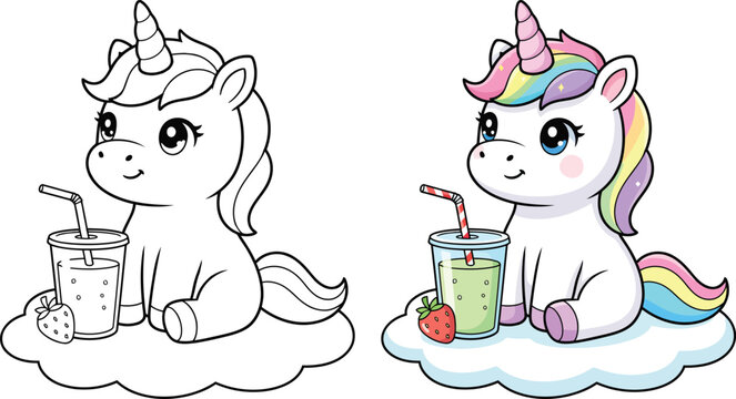 Unicorn drinking juice on cloud with straw in cute cartoon vector outline style