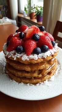 Stack of pancakes topped with strawberries blueberries and coconut on white plate on table