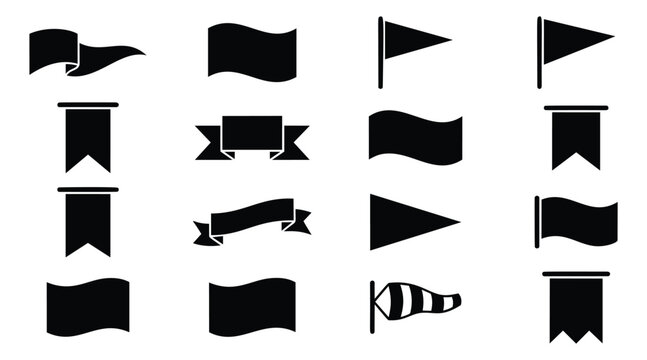 Silhouette icon set of 16 flags featuring pennants, banners, ribbons and windsock shapes for navigation and marking design