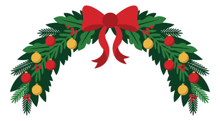 Obraz premium Flat illustration of a Christmas garland arch depicting evergreen branches with ornaments and red bow for holiday decoration design