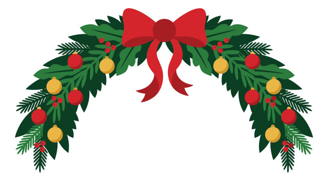 Flat illustration of a Christmas garland arch depicting evergreen branches with ornaments and red bow for holiday decoration design