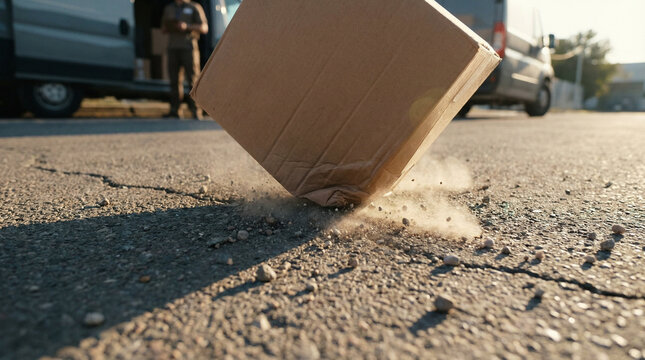 Delivery box falling on asphalt road with dust splash against delivery van background showing package damage during transport courier mistakes shipping accidents logistics failure fragile parcel.