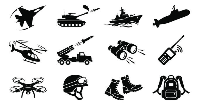 Silhouette icon set of 12 military symbols featuring fighter jet, tank, warship, submarine, helicopter and army gear for defense design