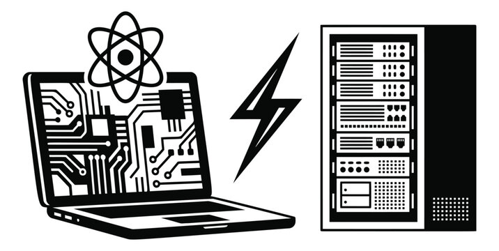Flat bold illustration of a React laptop and server rack depicting client server connection for web development design