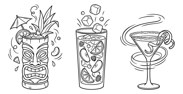 Outline icon set of 3 tropical cocktails featuring tiki mug, highball glass and martini for bar and menu design