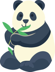 A cute flat vector illustration of a smiling panda sitting and holding a bamboo leaf. © Svutlana