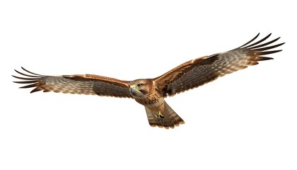 Obraz premium A powerful hawk with keen eyes and broad wings is captured in a majestic flight pose, dominating the clear white background.