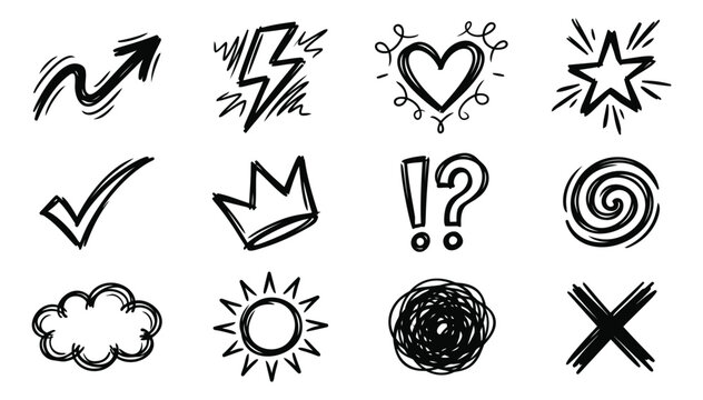 Sketch icon set of 12 hand drawn doodle symbols featuring arrow, crown, heart and star elements for social media design