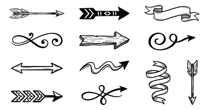 Sketch icon set of 12 decorative arrows featuring boho feather, infinity, ribbon, swirl and tribal styles for vintage design