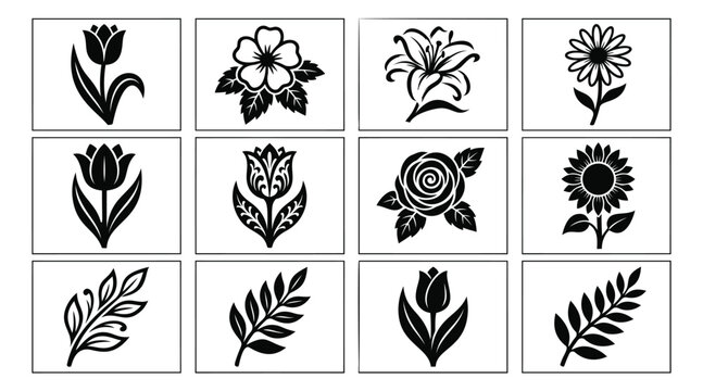 Silhouette icon set of 12 botanical elements featuring tulips, roses, sunflowers, lilies, daisies and leaves for floral design