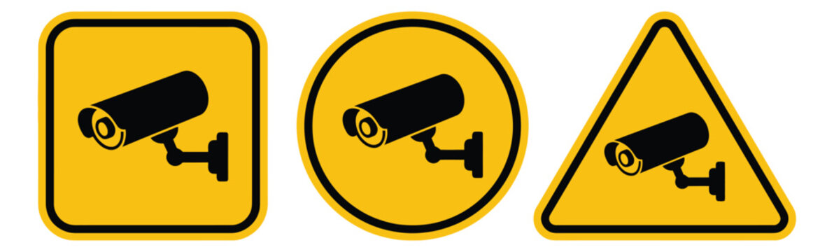 Flat icon set of 3 CCTV security camera signs featuring square, circle and triangle warning shapes for surveillance design