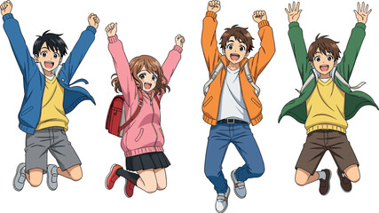 Happy teenagers jumping with raised hands, excited students celebrating success, cheerful friends group anime style illustration vector collection