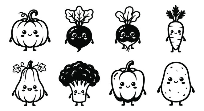 Cartoon icon set of 8 cute kawaii vegetable characters featuring pumpkin, carrot, broccoli and pepper for kids design