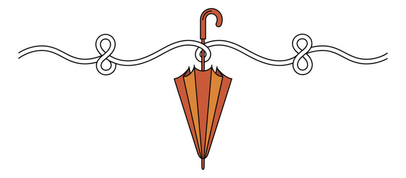 Outline illustration of a closed umbrella hanging on a decorative wavy line divider for autumn and weather design