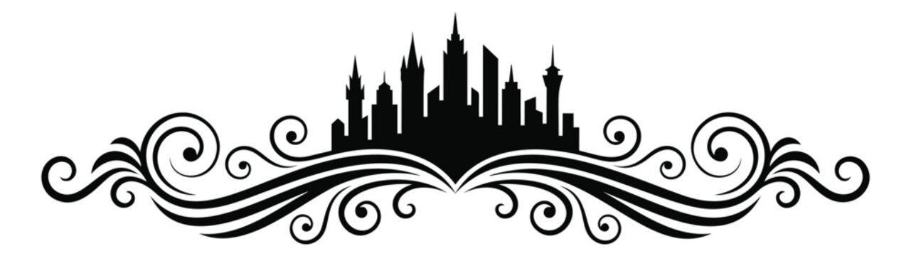 Silhouette illustration of city skyline depicting ornate swirl flourish border for decorative and branding design