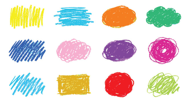 Crayon sketch set of 12 colorful scribble shapes featuring hand drawn hatching ovals and doodle textures for kids and education design