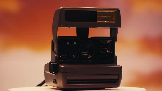 Vintage black instant photo camera, man touching and using retro old photo device, photographer Summer travel concept. Equipment for capturing moments