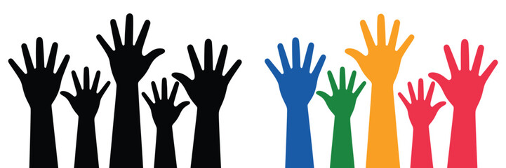 Obraz premium Raised hands diversity and unity participation icon, inclusive community concept with teamwork collaboration, social equality symbol representing support, engagement and togetherness, clean vector