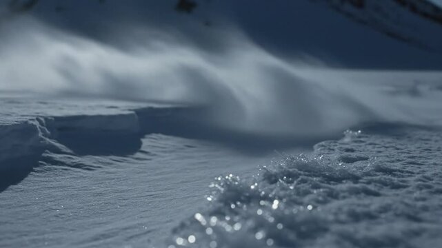 Low angle view of snow covered ground with wind blowing across snowy landscape and frozen details in cold winter
