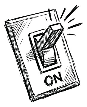 Sketch illustration of a light switch depicting on position with hand drawn crosshatch shading for electricity and power design
