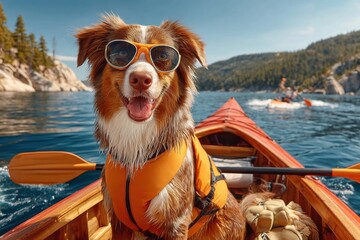 Naklejka premium Happy Australian Shepherd wearing sunglasses and life jacket while sitting in a red kayak on a lake