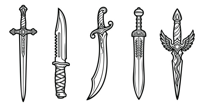 Outline icon set of 5 bladed weapons featuring sword, dagger, combat knife and fantasy blade designs for tattoo and gaming use
