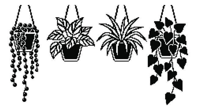 Silhouette icon set of 4 hanging potted plants featuring string of pearls, philodendron, spider plant and heart leaf vine for botanical design