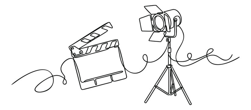 Line art illustration of film clapperboard and studio spotlight depicting cinema production equipment for entertainment design
