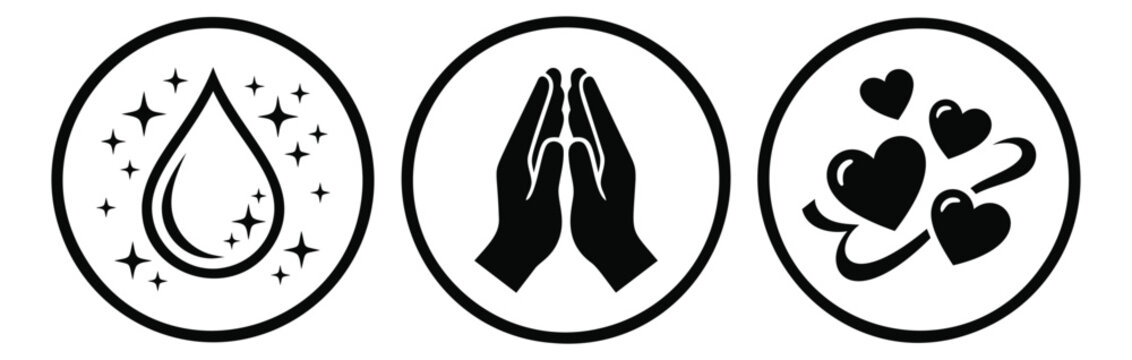 Flat icon set of 3 featuring water drop, praying hands and floating hearts for wellness and spirituality design