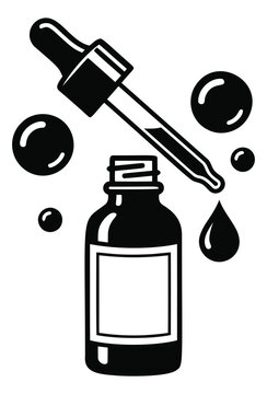 Bold silhouette illustration of dropper bottle depicting serum and liquid drops for beauty and skincare design