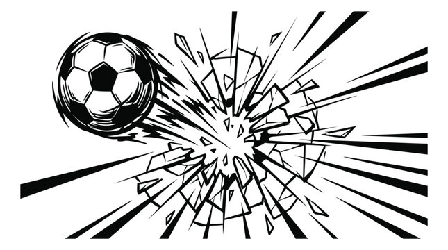 Bold cartoon illustration of soccer ball smashing through glass depicting explosive impact for sports and action design