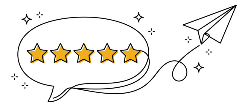 Outline illustration of five star rating speech bubble depicting customer feedback with paper airplane for review and marketing design