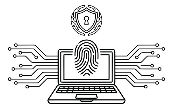 Outline illustration of laptop with fingerprint depicting biometric cybersecurity authentication for technology and data protection design