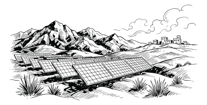 Engraving illustration of a desert solar farm depicting renewable energy panels in an arid landscape with mountains for environmental design