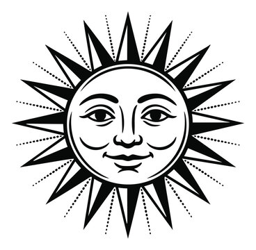 Woodcut illustration of a smiling sun face depicting bold rays and dotted beams for vintage and celestial design