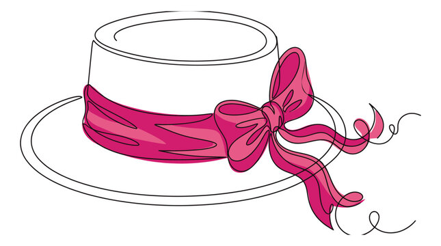 Line art illustration of an elegant wide brim hat depicting a decorative pink bow ribbon for fashion and event design