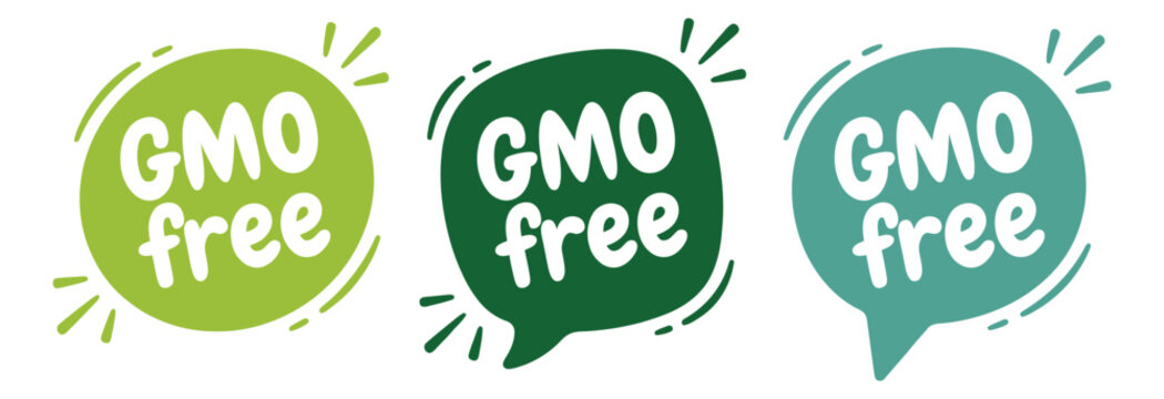 Flat badge set of 3 GMO free labels featuring speech bubble shapes in green color variants for organic food packaging