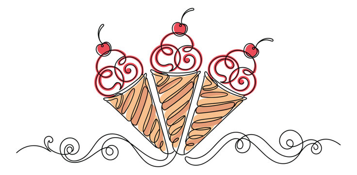 One line art illustration of three ice cream cones depicting swirled scoops with cherries on top for dessert and food design