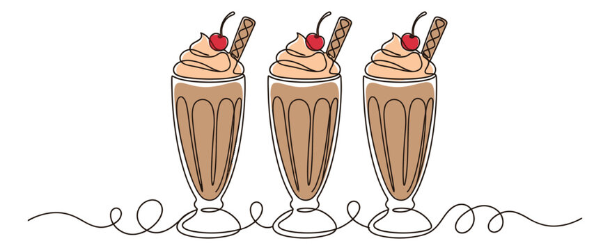 Continuous line art illustration of 3 chocolate milkshakes depicting whipped cream topped drinks with cherries for food and beverage design