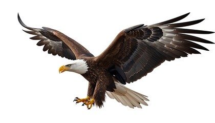 Fototapeta premium A magnificent bald eagle with a striking white head and bright yellow beak soaring gracefully against a clean white background.