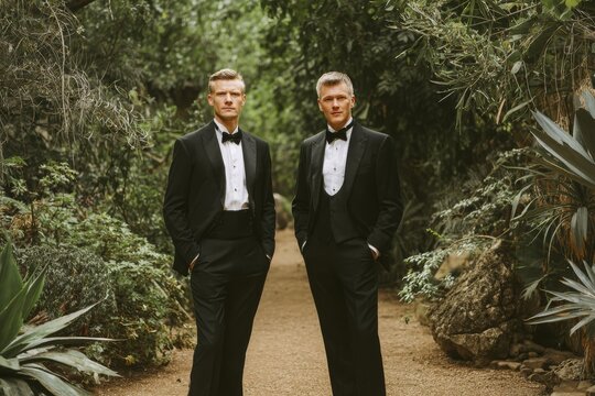 Two men in black tuxedos pose on a garden path.