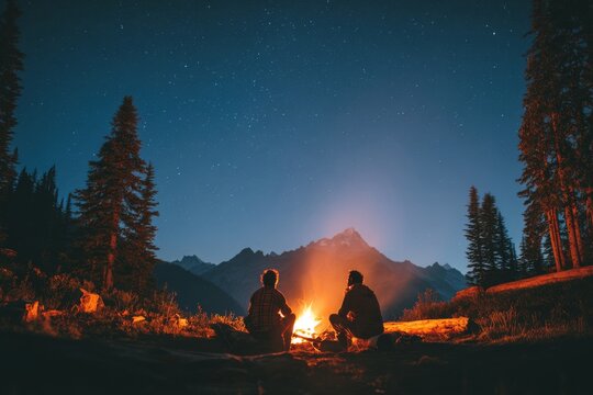 Two people sit by a campfire beneath a starry mountain sky.