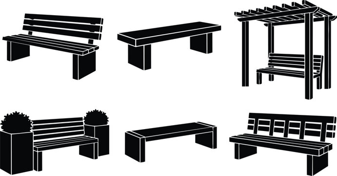 Black and white slatted bench set with pergola planter and backless bench silhouettes