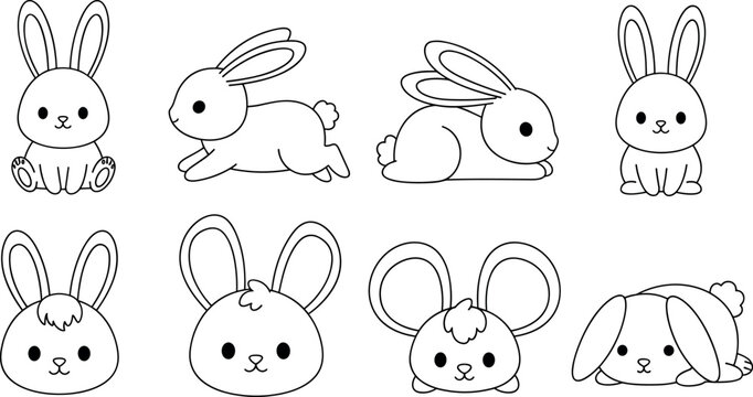 Cute bunny outline cartoon collection with various poses, simple line art rabbits, adorable baby animal characters coloring page vector set