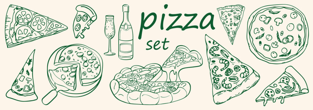 hand drawn pizza art collection. doodle sketch pizza in crayon style .cheese pizza .Italian pizza food in doodle style art . pizza line art set .vector illustration.