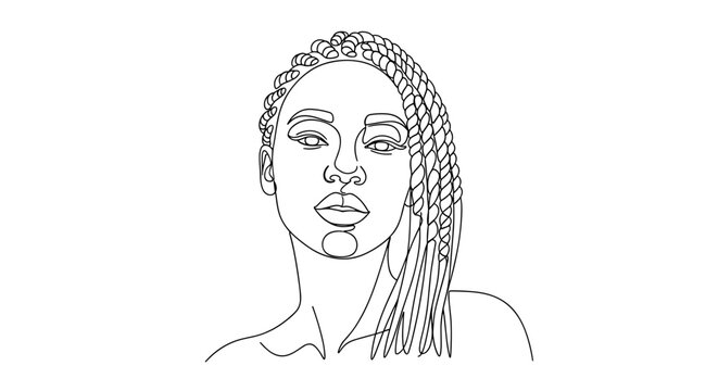 Young Black woman with proud mood displaying intricate braided hairstyle against transparent background in line art style